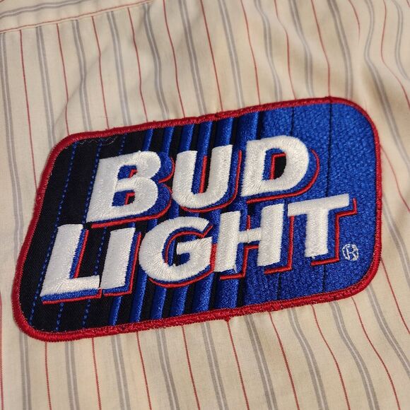 Vintage Bud Light Beer Worker Shirt Button USA Union Anheuser Busch Striped - Picture 6 of 10